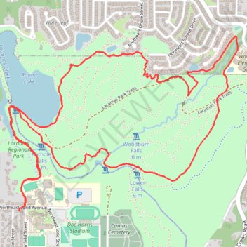 Lacamas Regional Park loop walk via Round Lake and Woodburn Park trail, distance, elevation, map, profile, GPS track