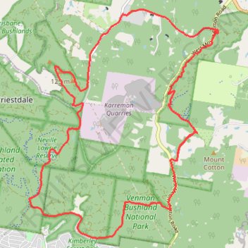 Eastern Escarpment Conservation Area, Venman Bushland National Park, Daisy Hill Conservation Park, Koala Bushland Conservation Area and Neville Lawrie Reserve loop trail, distance, elevation, map, profile, GPS track