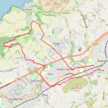Redruth/Illogan Loop trail, distance, elevation, map, profile, GPS track