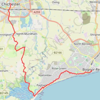 Walk from Chichester to Bognor trail, distance, elevation, map, profile, GPS track