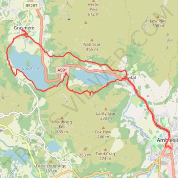 Rydal Water and Grasmere trail, distance, elevation, map, profile, GPS track
