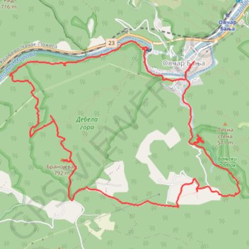 Debela gora: Banjski potok, Branojevac, pećina Kađenica trail, distance, elevation, map, profile, GPS track