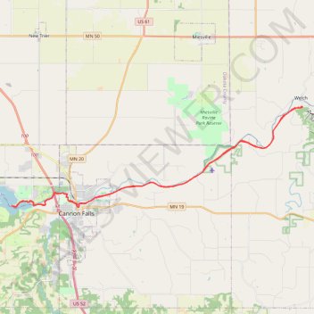 Cannon Valley Trail and Mill Towns State Trail from Welch to Echo Point on Lake Byllesby trail, distance, elevation, map, profile, GPS track