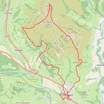 Loop hike to Pen Gloch-y-pibwr, Pen Allt-mawr, Pen Cerrig-calch and Table Mountain from Crickhowell trail, distance, elevation, map, profile, GPS track