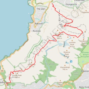 Table Mountain traverse from Kloof Corner to Suikerbossie via Maclear's Beacon trail, distance, elevation, map, profile, GPS track