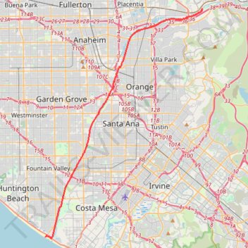 Bike ride on Santa Ana river trail to beach trail, distance, elevation, map, profile, GPS track